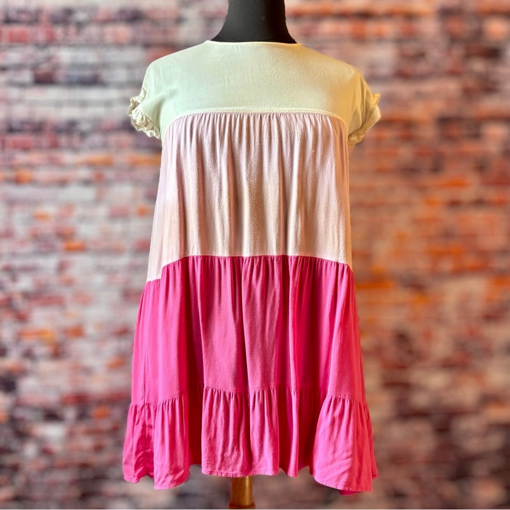 Pink and Cream Colorblock Tiered Dress